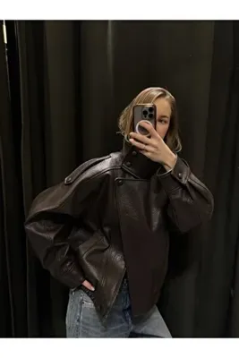 piel island YSL & ZRA Dik Yaka Orjinal Desen Yumuşak Oversize Deri Ceket