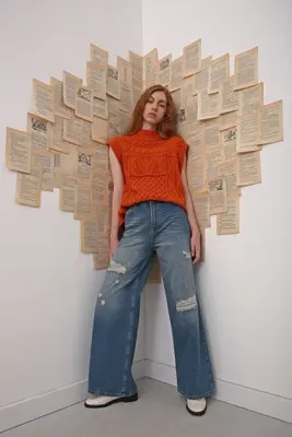 ALLDAY Mavi01 %100 Pamuk Yırtık Detaylı Bol Paça Denim Pantolon