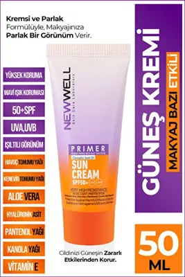New Well Makyaj Bazı Güneş Kremi 50 SPF+ Aydınlatıcı Etkili Tüm Cilt Tipleri İçin 50 ml