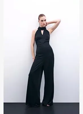 Sateen Kolsuz Parlak Tulum - Siyah
