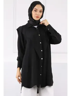 İmaj Butik Siyah Ön Detaylı Kol Bağlamalı Tunik