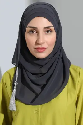 Vera Bone Hazır Türban Pratik Şık Eşarp Hürrem Şifon Püsküllü Antrasit Gri Dolama Şal Tesettür Bone