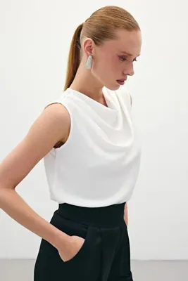Sateen Degaje Yaka Saten Bluz - Ekru