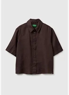 United Colors of Benetton Kadın Kahverengi %100 Keten Yarım Kollu Düz Gömlek