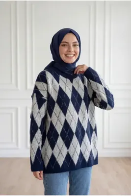 MİHRA STORE Adriana Baklava Desen Triko Kazak-Zİ5581 Lacivert