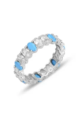 Söğütlü Silver Gümüş rodyumlu oval baget kesim turkuaz ve zirkon taşlı tamtur yüzük SGTL12399MAVI