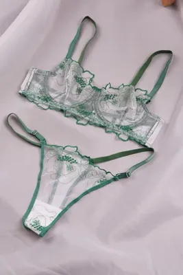 Hipo Trend Nakışlı Tüllü Transparan Yeşil Bralet Takımı (Sütyen & Tanga)