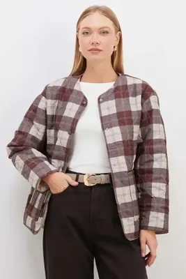 Fulla Moda Ekose Desenli Kapitone Çıtçıtlı Mont