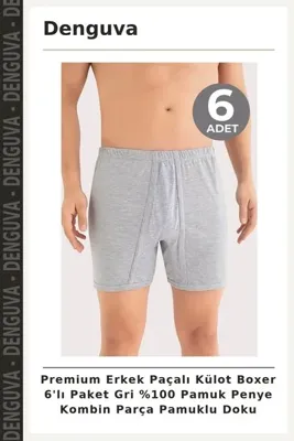 Denguva Premium Erkek Paçalı Külot Boxer 6'lı Paket Gri %100 Pamuk Penye Kombin Parça Pamuklu Doku