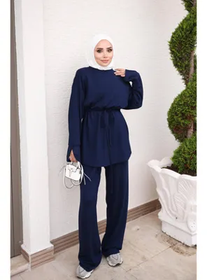 İmajButik Lacivert Bel Bağlamalı Tunik Pantolonlu Takım