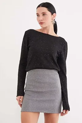 Fulla Moda Pullu Simli Kayık Yaka Triko Kazak