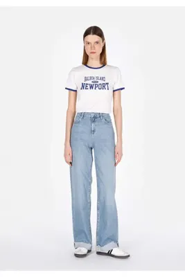 Colins 970 Berry Regular Fit Yüksel Bel Geniş Paça Kadın Mavi Jean Pantolon