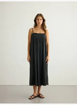 The Handloom Kaya Smocked Maxi Elbise - Antrasit 