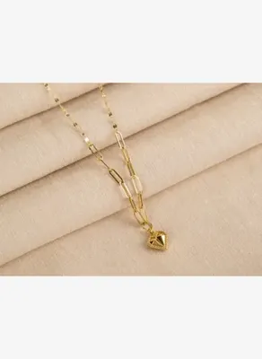 Safir Mücevher Lovely Altın Ataç Çift Zincir Geometrik Kalp Kolye