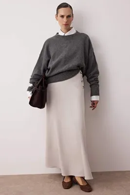 Trendyol Modest Bej Astarsız Yandan Düğme Detaylı Dokuma Etek TCTAW26EE00003