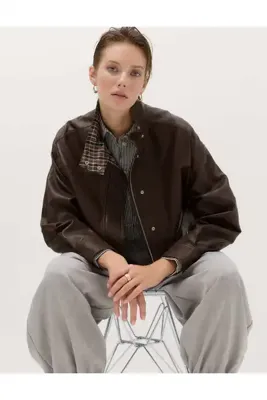 Marks & Spencer Ekose Desenli Suni Deri Bomber Ceket