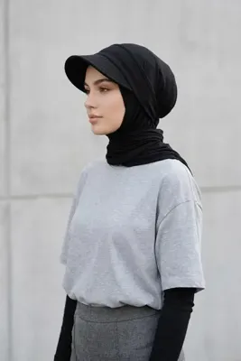 Aisha's Design Çıkarılabilir, Ayarlanabilir Siperlikli Kaymaz Pratik Penye Şal,SPS-2,Siyah