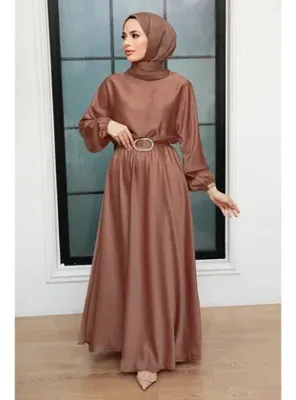 Neva Style Çikolata Saten Tesettür Elbise 5727CK