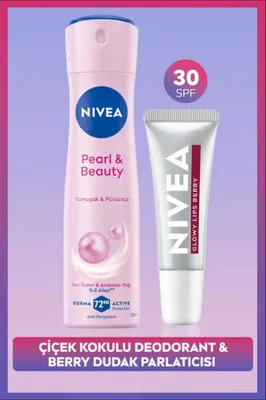 Nivea Kadın Sprey Deodorant Pearl&Beauty 150ml ve Berry Renkli Nemlendirici Dudak Parlatıcısı