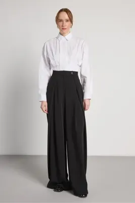 mina aise Kadın Siyah Yüksek Bel Pİle Detaylı Oversize Pantolon 31029