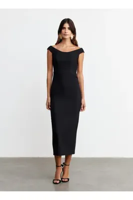 Happy To Wear Siyah Kadın Kayık Yaka Slim Fit Elbise Amelia-Siyah