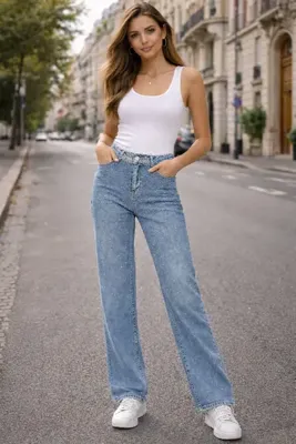 Aida Fashion Taşlı Palazzo jeans Premium