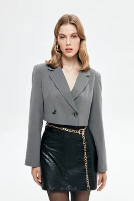 Quzu Vatka Detaylı Crop Blazer Ceket Gri