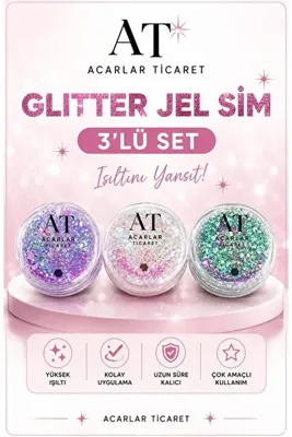 Acarlar Ticaret Yüz ve Vücut Glitter Jel Sim 3'lü Set | Holografik Kına Düğün Festival Makyaj Simi