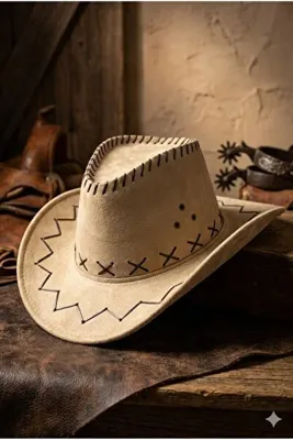 Belifanti Collection Bej Unisex Bağcıklı Nubuk Kovboy Şapkası Western Country Tarzı