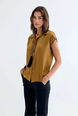 Silk and Cashmere Camel Estrella Saf İpek Kısa Kollu Gömlek