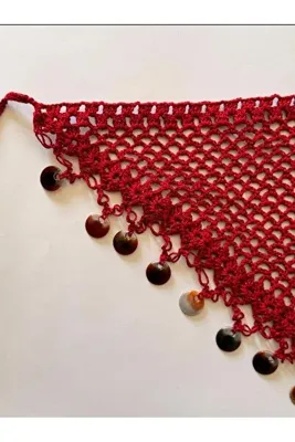 Genel Markalar El Örgüsü Kırmızı Kadın Şal ve Bandana | Pulu Detaylı, Ajurlu El Yapımı Üçgen Aksesuar