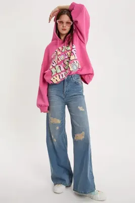 ALLDAY Mavi %100 Pamuk Yırtık Detaylı Bol Paça Denim Pantolon