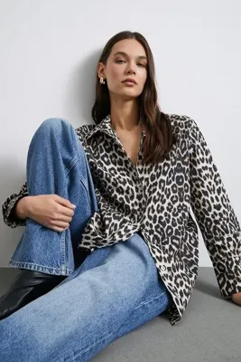 Never more Leopar Desenli Saten Gömlek Bej