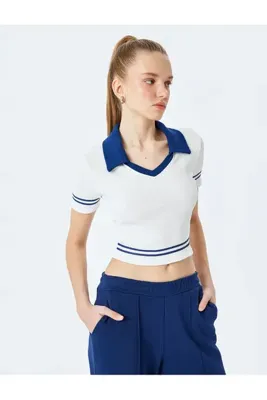 Koton Kısa Kollu Polo Yaka Biyeli Crop Tişört