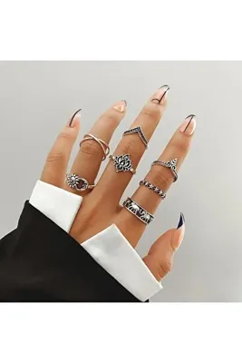 perry accessories 7 Adet Ayarlanabilir Eklem Yüzük Seti Gold Yüzük Kadın Çoklu Incili Yüzük Seti -109