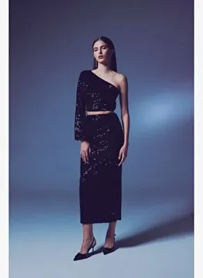 Sateen Kadife Payetli Midi Etek - Siyah