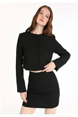 Colins Regular Fit Düğmeli Kadın Siyah Ceket