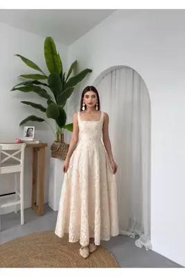Genel Markalar Cinderella İngiliz Bej Kumaş Pembe Çiçek İşlemeli Askılı Uzun Elbise
