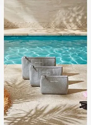Ocean Home Textile 3'lü Termal Astarlı Su İtici Leke Tutmaz Gri Renk Jüt Keten Makyaj İlaç Çantası Seti 15 x 11 x 6 / 19 x 13 x 7 / 23 x 16 x 7 cm