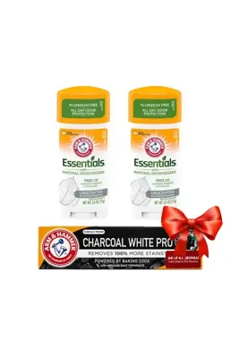 ARM&HAMMER Arm & Hammer Essentials Unscented (Kokusuz) Doğal Katı Jel Deodorant 2.5Oz / 71gr (2 Adet) + Charcoal White Diş Macunu 75 ml Hediye