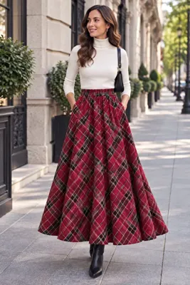 SELDAĞ MODA İTALYAN EKOSE ŞANEL KUMAŞ 90 CM BELİ LASTİKLİ GİZLİ CEPLİ TAM KLOŞ ETEK