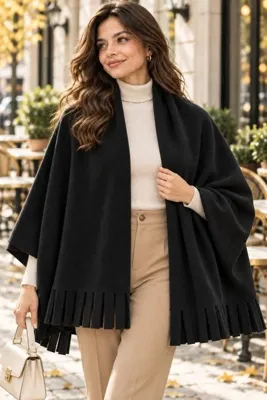 Wearflawless Kadın Polar Kumaş Siyah Şal, Atkı, Püsküllü Kışlık Sıcak Tutan Omuz Şalı, Cafr Şalı, 65X170cm