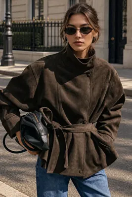 qeteen Kadın Dik Yaka Kuşaklı Düğmeli Kısa Ceket – Trend Viral ZR Model Şık Günlük Dış Giyim
