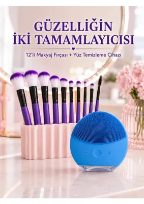 Epilons 12 Li Mor Makyaj Fırça Seti ve Silikon Yüz Temizleme Cihazı Ikili Makyaj ve Cilt Bakım Seti