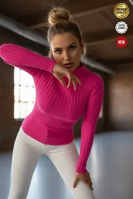Teenage Millionaire Kadın Fuşya Pembe Extra Esnek Fitilli Yarım Balıkçı Boğazlı Dokuma Slim Triko Kazak Body Bluz