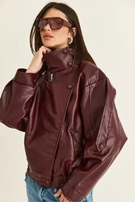 Bianco Lucci Kadın Bordo Viral Oversize Yüksek Yaka Apolet Detaylı Suni Deri Ceket 8058 60286526