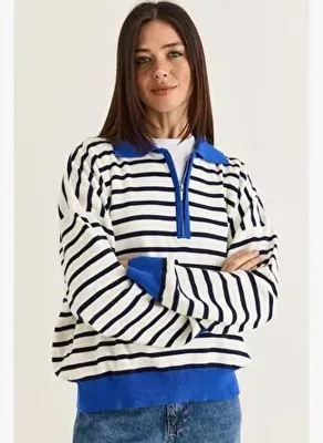 Shade Kadın Polo Yaka Fermuarlı Çizgili Oversize Triko Kazak 2757 60286481 - Lacivert-Saks