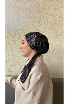 Anatolye Siyah Etnik Desen Soft Eşarp Bone - Kaymaz Terletmez (Kaymayan)