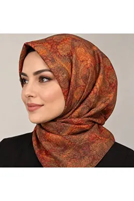 Zer Scarf Eşarp Kiremit Turuncu Desenli Kare Eşarp - Canlı Şal Motifli Şık Tasarım
