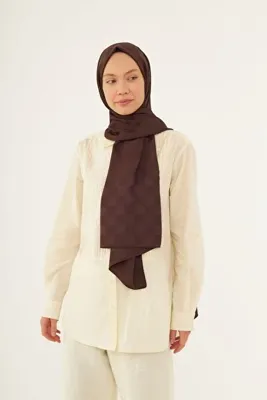 MİRSOY SCARF Dama Desen Ipeksi Jakar Şal-acı Kahve